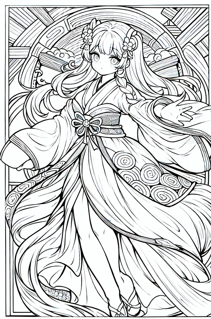As a coloring book, the color should be black and white, the border should be simple, clear, and bold. A graceful Asian girl with elegant movements is performing a traditional Japanese dance in a grand [Kabuki theater]. She is wearing an exquisite [kimono with crane pattern], the flowing silk fabric accentuating her graceful movements. The girl's face is painted with delicate makeup, and her hair is adorned with an elaborate [hair ornament]. The intricate details of the kimono and the theater setting provide a rich visual tapestry for the coloring book illustration.