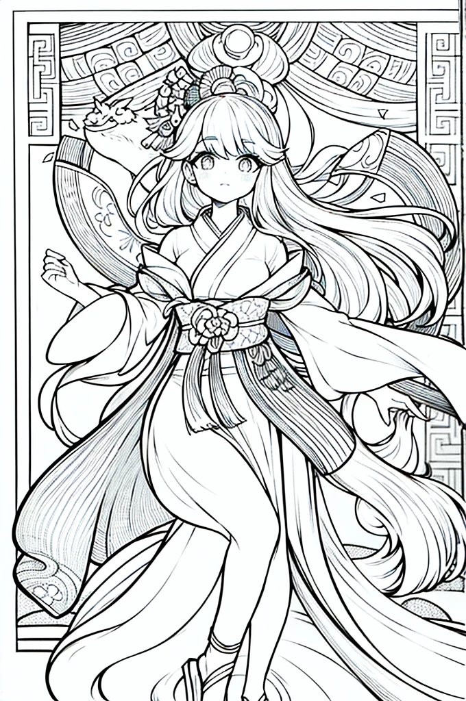 As a coloring book, the color should be black and white, the border should be simple, clear, and bold. A graceful Asian girl with elegant movements is performing a traditional Japanese dance in a grand [Kabuki theater]. She is wearing an exquisite [kimono with crane pattern], the flowing silk fabric accentuating her graceful movements. The girl's face is painted with delicate makeup, and her hair is adorned with an elaborate [hair ornament]. The intricate details of the kimono and the theater setting provide a rich visual tapestry for the coloring book illustration.