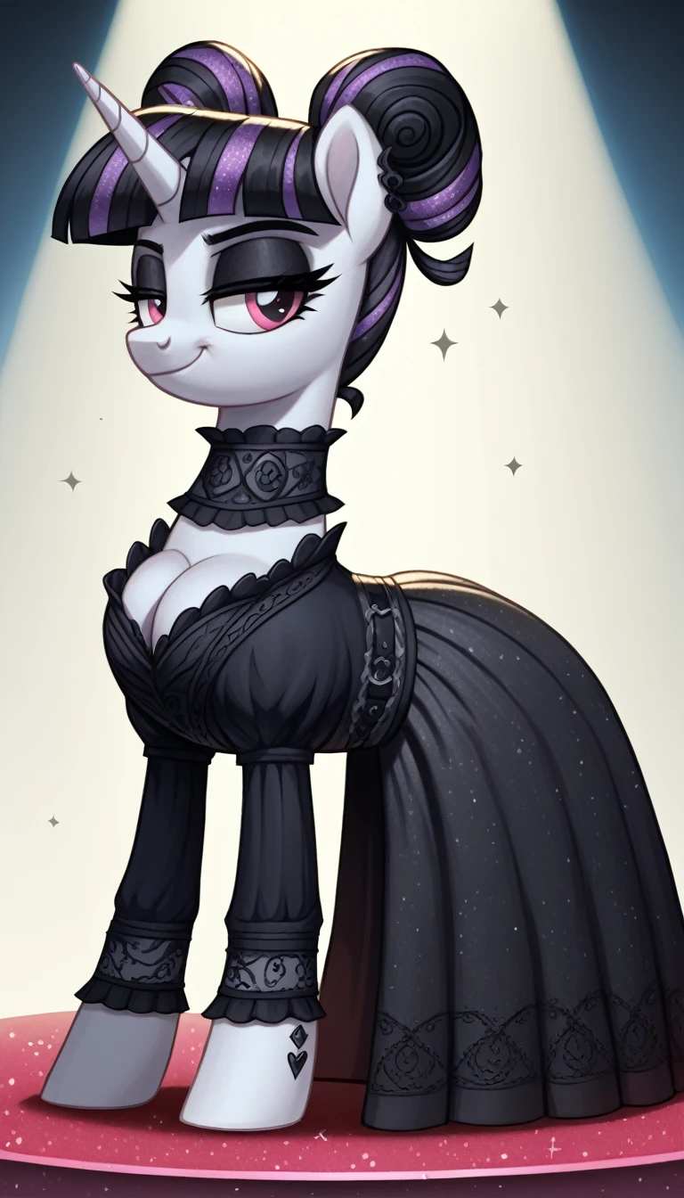 score_9,score_8_up,score_7_up,score_6_up, filly, unicorn, Gothic pony, ta goth fashion, glowing backlight, fashion show, catwalk scene, glitter, whimsical, enchanted, magical, fantasy art concept, intricate details, smug smile, large Breast Augmentation Implants