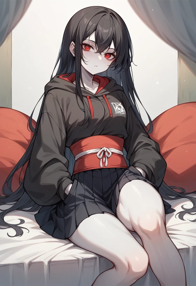 A girl with long black hair is sitting on the bed Wearing a hood He wears a black hoodie underneath his beautiful black ninja kimono. Red eyes She is wearing a black pleated skirt White skin tall With bangs Beautiful face Thin legs Smooth, long, straight hair Long and narrow face With waistline Keeping your left hand in your pocket Anime Style Long Hair