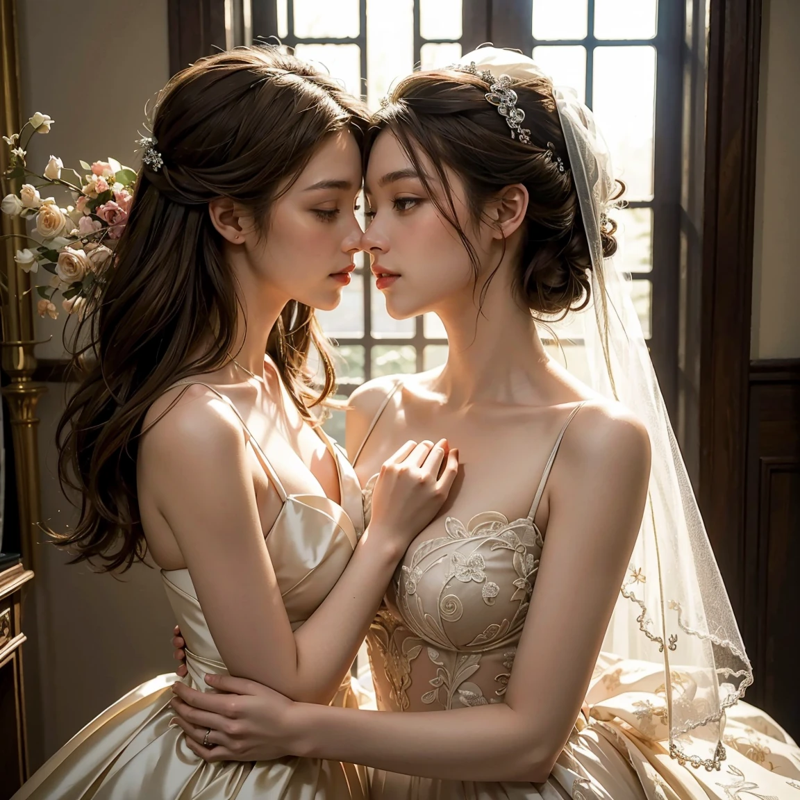 (masterpiece, highest quality, official art, beauty and aesthetic), perfect anatomy, two stunning bride is deeply in love with each other, kiss, flower, romantic atmosphere