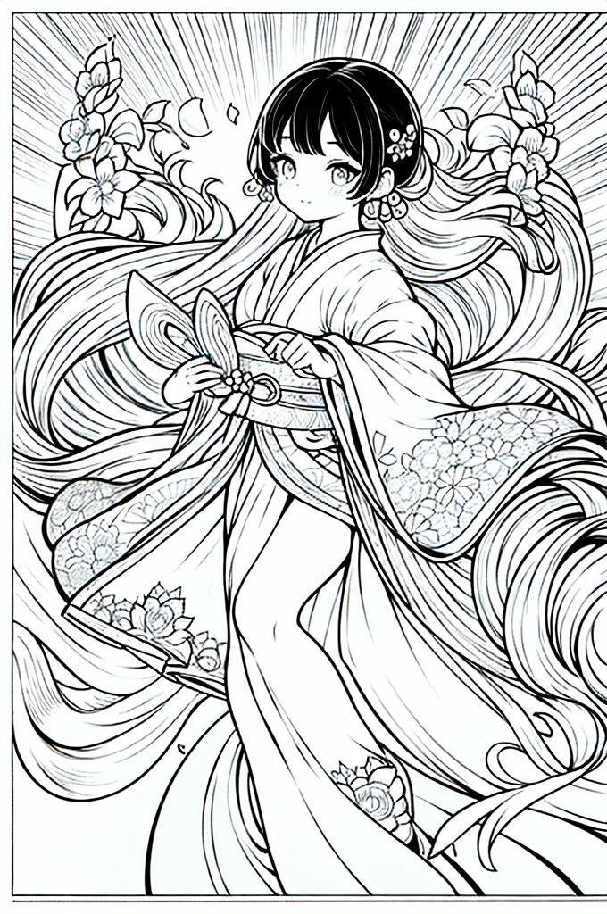 As a coloring book, the color should be black and white, the border should be simple, clear, and bold. A graceful Asian girl with elegant movements is performing a traditional Japanese dance in a grand [Kabuki theater]. She is wearing an exquisite [kimono with crane pattern], the flowing silk fabric accentuating her graceful movements. The girl's face is painted with delicate makeup, and her hair is adorned with an elaborate [hair ornament]. The intricate details of the kimono and the theater setting provide for the coloring book illustration.
