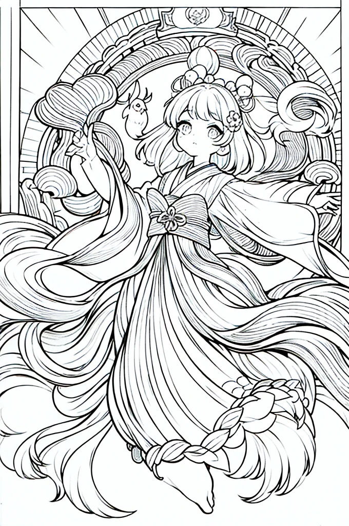 As a coloring book, the color should be black and white, the border should be simple, clear, and bold. A graceful Asian girl with elegant movements is performing a traditional Japanese dance in a grand [Kabuki theater]. She is wearing an exquisite [kimono with crane pattern], the flowing silk fabric accentuating her graceful movements. The girl's face is painted with delicate makeup, and her hair is adorned with an elaborate [hair ornament]. The intricate details of the kimono and the theater setting provide a rich visual tapestry for the coloring book illustration.