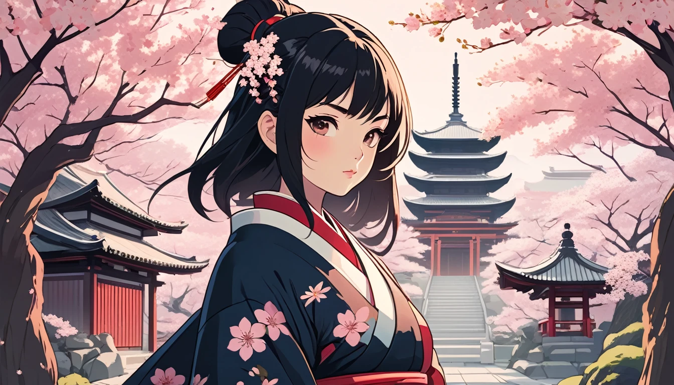 Female samurai,Background is cherry blossoms and a Japanese temple、 Wide-angle lens, Lofi Anime, Lofi illustration, Aesthetic atmosphere, Lo-Fi Style, Vector art, Flat Design, Simple shape, Warm tones, Pleasant atmosphere, Chill, In anime style, Digital drawing, Vector art, Vector logo for t-shirt printing, (Adorable:1.5), (small:1.4), (Playful:1.2), (soft:1.3), (Whimsical:1.1), masterpiece, Highest quality, 8K, Intricate details, grow, Celestial, Mysterious, Picturesque, amazing, Majestic, Magic, Fantasy art, Cover art, dream-like