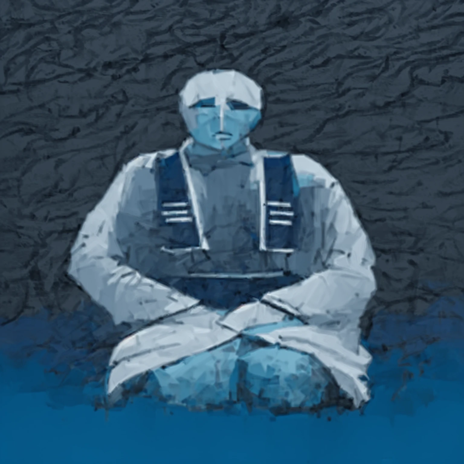 A picture of a person, sitting in a meditation pose on a blue surface, Adim Kashin, inspired by Enki Bilal, figure with hood, inspired by Gyoshu Hayami, Painting of white human figures, detailed picture of the film dunes, without faces, Ditigal painting, figure with hoods, Vdragan Bibin, Shikanosuke Yagaki