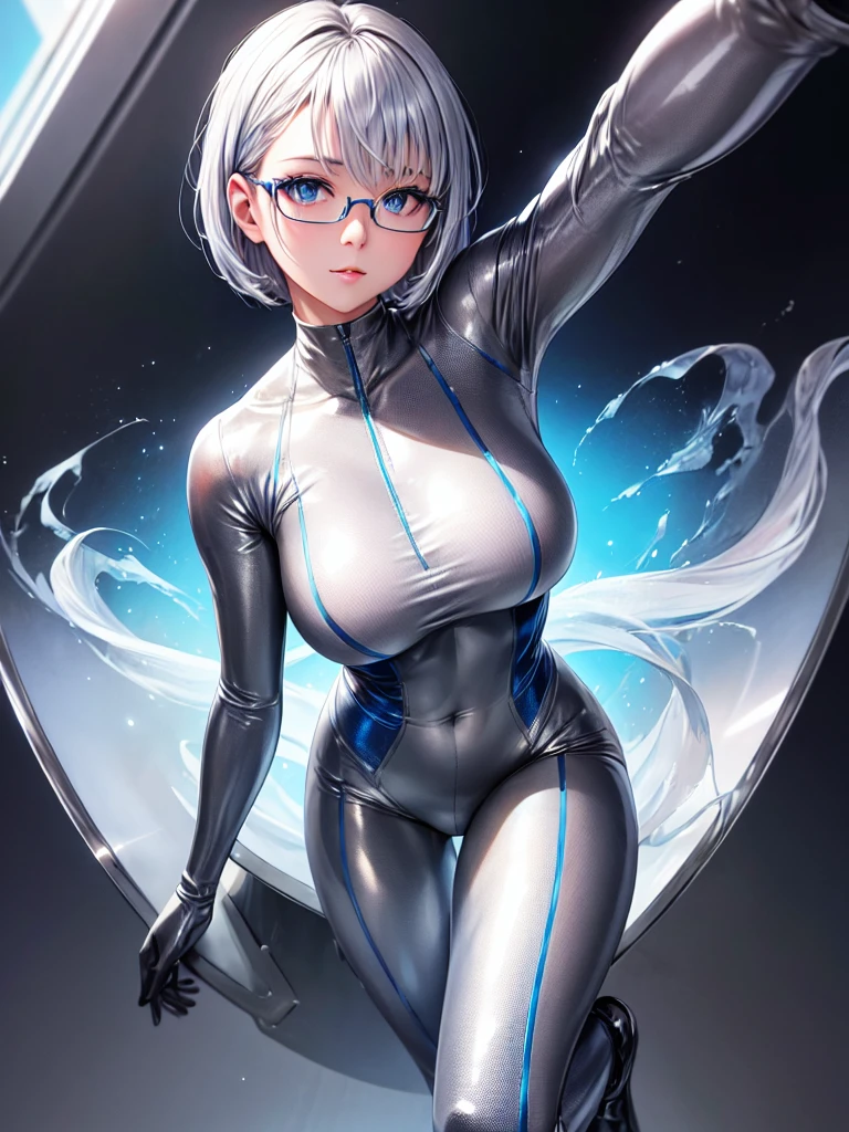 Highest quality 8K UHD、Mastepiece、Close-up、short hair、Blue Eyes、Open legs、Silver Hair、Glasses、Beautiful woman wearing seamless full-body silver metallic suit、Seamless full body silver metallic rubber suit