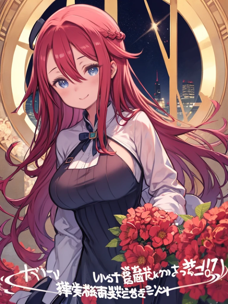 One girl, Red color hair、long hair、Hair between the eyes、Big Breasts、Blue Eyes、 amazing, cute, A gentle smile, Hourglass Shape, Floral Dress, apron, food, Upper Body、