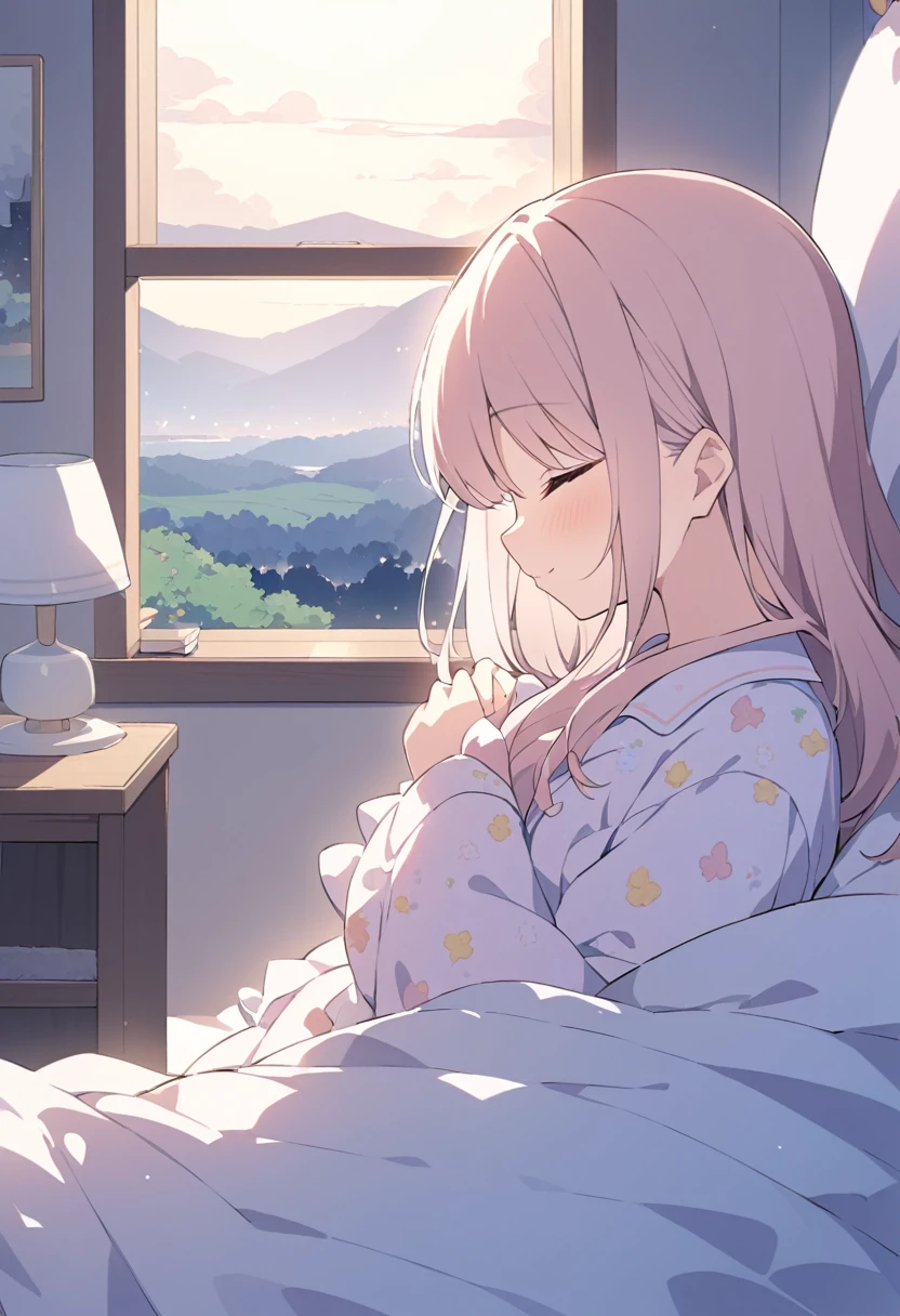 high school student、女子high school student、Inside the room、pajamas、Pajamas、before sleep、Sleeping in bed、Cute face、dark、Landscape、Landscapeで寝る、Landscapeの顔、profile、