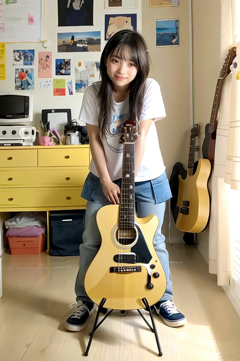 bocchi, 1girl, solo, in messy room, guitar,