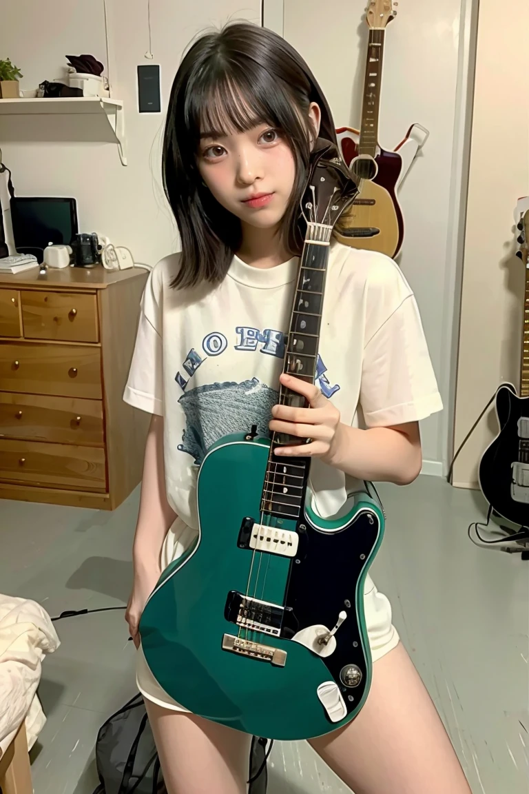 bocchi, 1girl, solo, in messy room, guitar, 