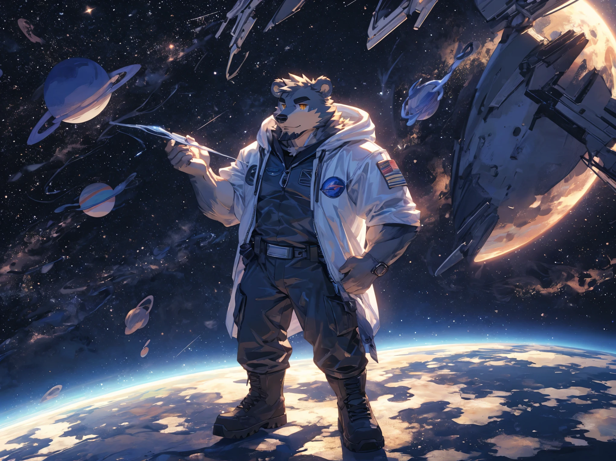 (masterpiece:1.2), best quality,pixiv,official art,perfect anatomy, (Ray tracing, light),solo, (1_male:1.3) , (muscle), (grey fur:1.4), (muscle bear), (beard:1.2), (gleaming golden eyes), bear tail, full body, Thick black eyebrows,(open hooded parka), ( inside), (cargo pants:1.2), boots , (in the space:1.3) , star , planet , earth , asteroid , (character floating :1.3)
