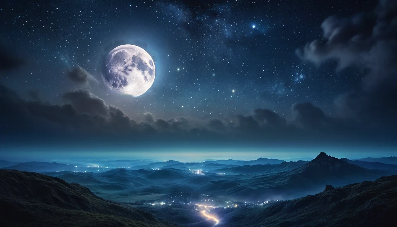 detailed fantasy night sky, full moon, Milky Way, dramatic lighting, Shining stars, cinematographic composition, ethereal mood, atmospheric, mystic, from another world, 8k, high resolution, detailed, photorealistic, dramatic lighting, fantasy art, conceptual art, dramatic lighting, vibrant colors, deep shadows, moody, magical