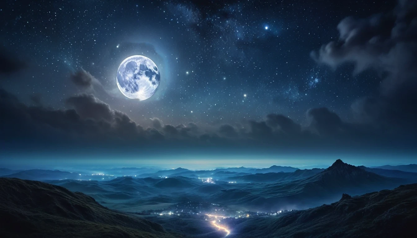 detailed fantasy night sky, full moon, Milky Way, dramatic lighting, Shining stars, cinematographic composition, ethereal mood, atmospheric, mystic, from another world, 8k, high resolution, detailed, photorealistic, dramatic lighting, fantasy art, conceptual art, dramatic lighting, vibrant colors, deep shadows, moody, magical