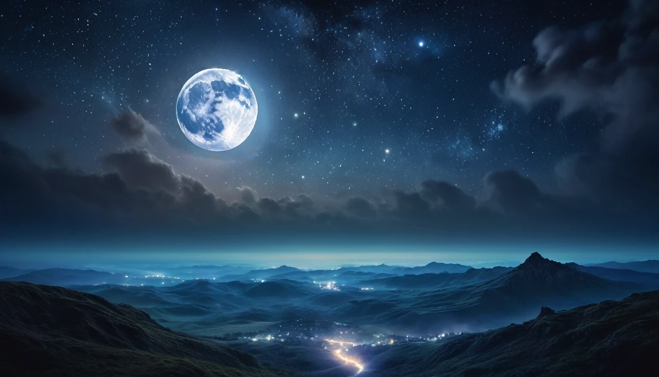 detailed fantasy night sky, full moon, Milky Way, dramatic lighting, Shining stars, cinematographic composition, ethereal mood, atmospheric, mystic, from another world, 8k, high resolution, detailed, photorealistic, dramatic lighting, fantasy art, conceptual art, dramatic lighting, vibrant colors, deep shadows, moody, magical