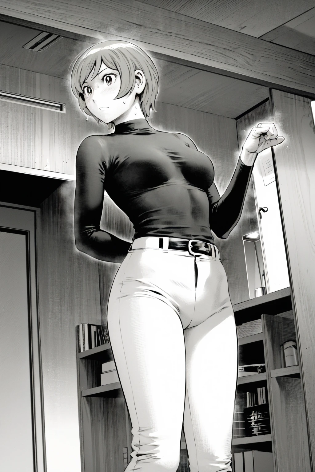 、(masterpiece、Highest quality)、Highest quality, Ultra-high resolution, (((masterpiece))), alone, Sweat、Big eyes,Tight black shirt、Tight white pants、belt、indoor、Composition from the front、（Cut the back hair short、short hair、blonde、woman）、Shortcuts、Embarrassed face、Cut your hair short、可愛いwomanの子、Big Breasts、office