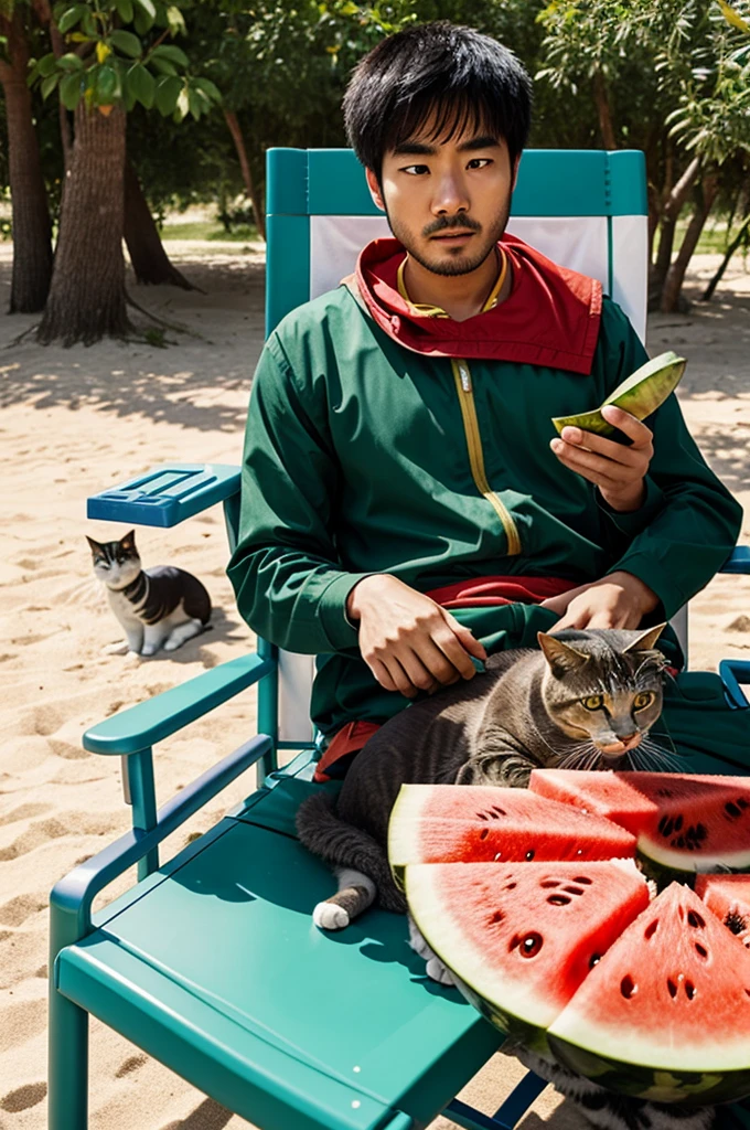 Liu Bei sits on a beach chair eating watermelon and teasing a cat