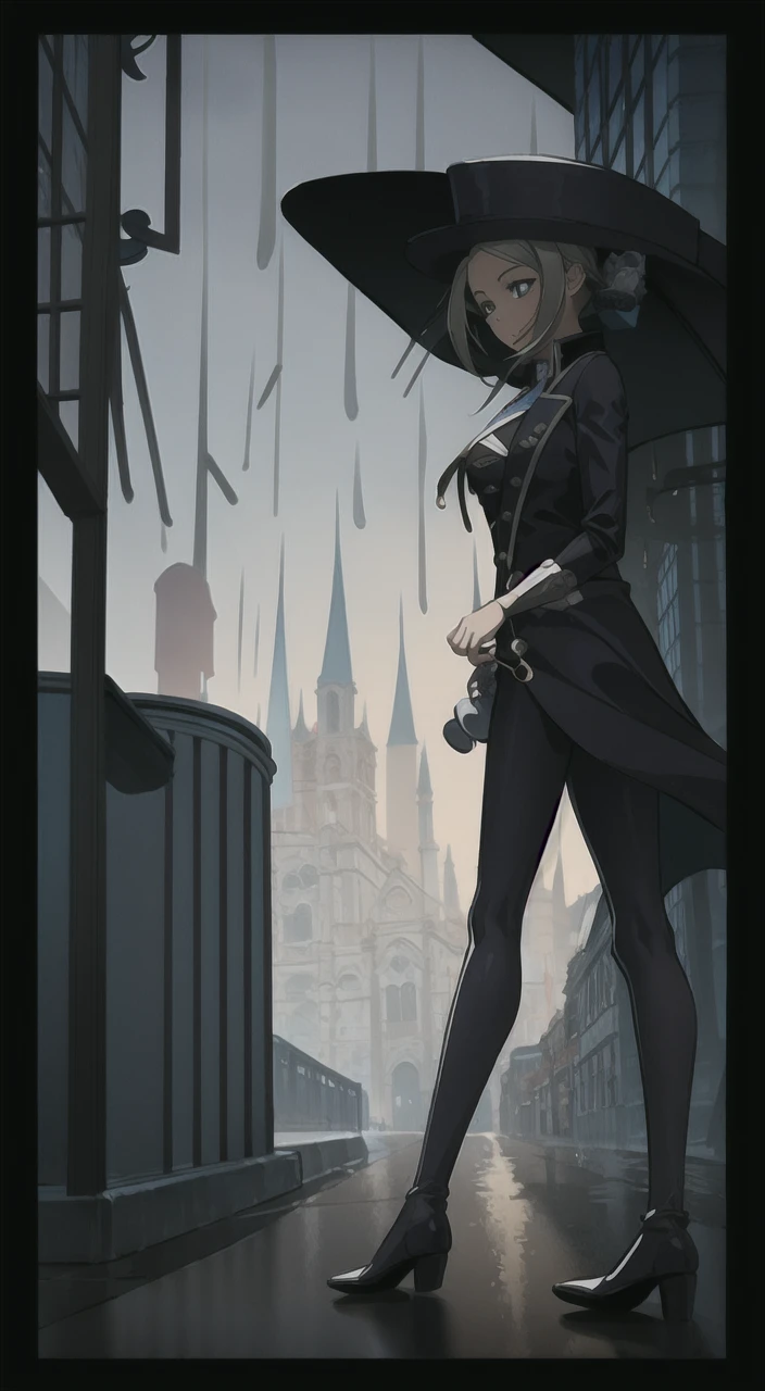 masterpiece, best quality, 1girl standing, full body, from front, old England background, rain, dark atmosphere