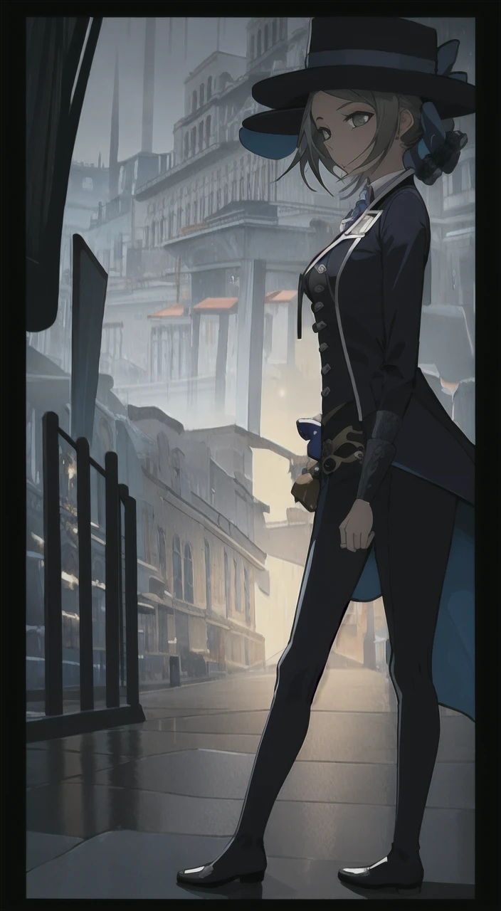 masterpiece, best quality, 1girl standing, full body, from front, old England background, rain, dark atmosphere