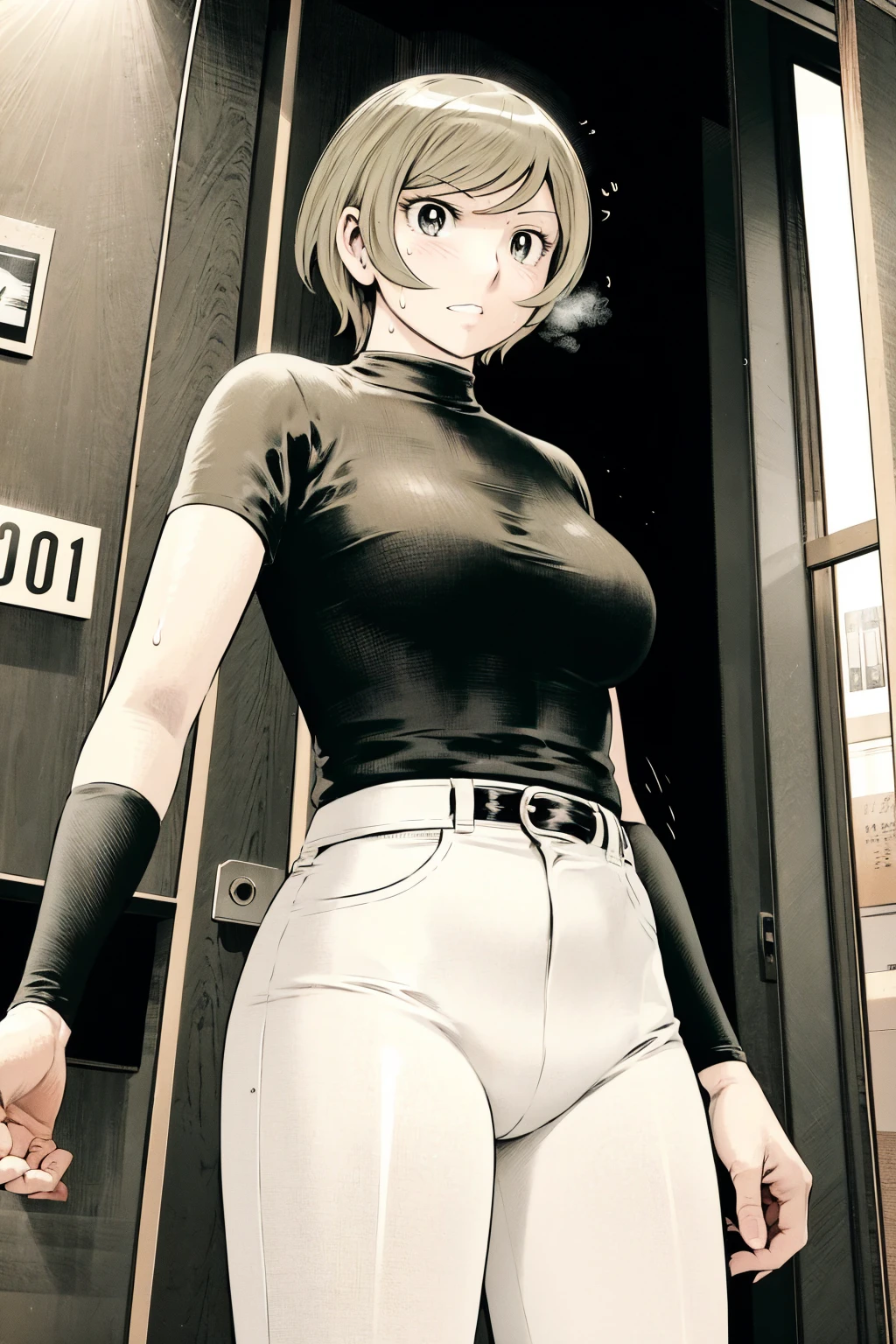 、(masterpiece、Highest quality)、Highest quality, Ultra-high resolution, (((masterpiece))), alone, Sweat、Big eyes,Tight black shirt、Tight white pants、belt、indoor、Composition from the front、(Cut the back hair short、short hair、blonde、woman)、Shortcuts、Embarrassed face、Cut your hair short、可愛いwomanの子、Big Breasts、office