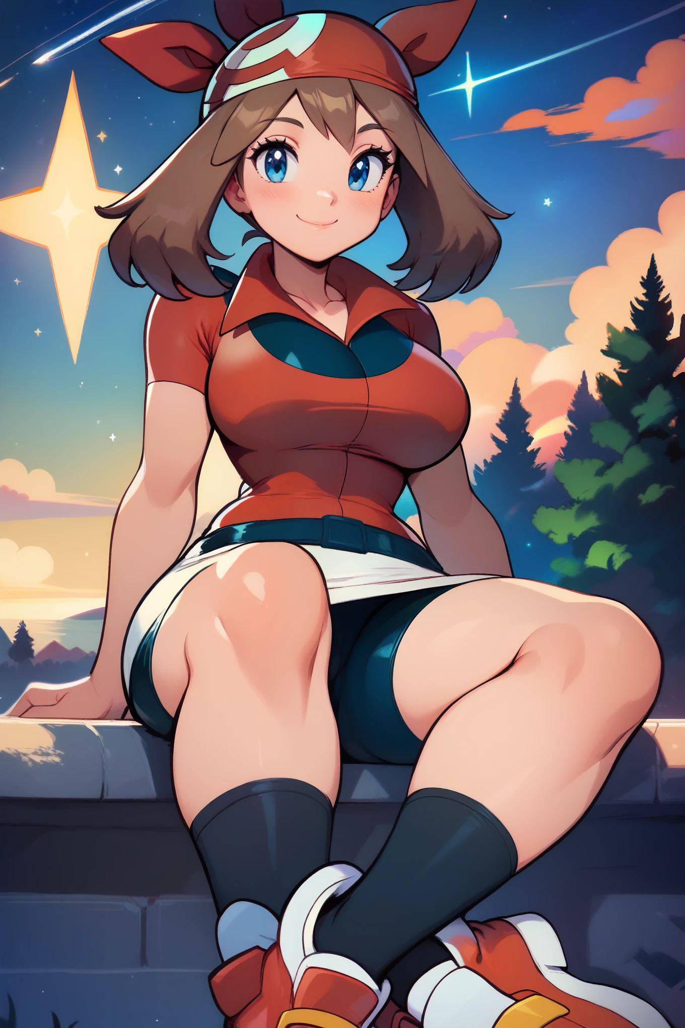 score_9, score_8_up, score_8, medium breasts, (curvy), cute, eyelashes,       zzMay, blush, smile, bangs, skirt, shirt, holding, sitting, closed mouth, short sleeves, outdoors, sky, shoes, shorts, socks, collared shirt, eyelashes, night, white skirt, bike shorts, black socks, red shirt, star (sky), starry sky, bandana, shooting star, red bandana, smile, looking at viewer,   huge breasts, wide hips, thick thighs