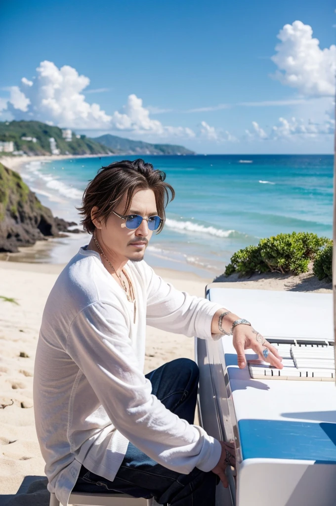 Johnny Depp 56 years old is playing the piano on the beach, the sky is blue, the sky is white
