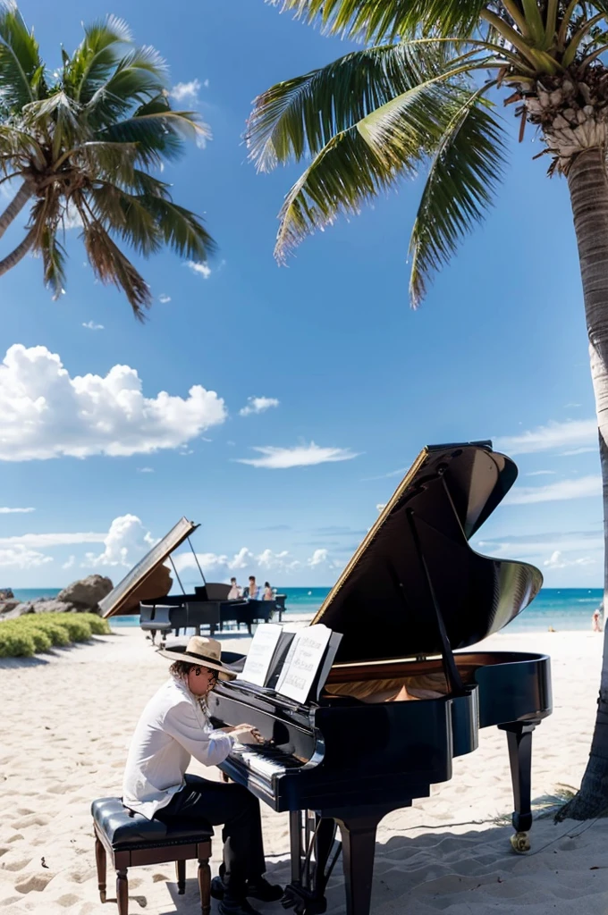 Johnny Depp 56 years old  is playing the piano on the beach, the sky is blue, the sky is white 