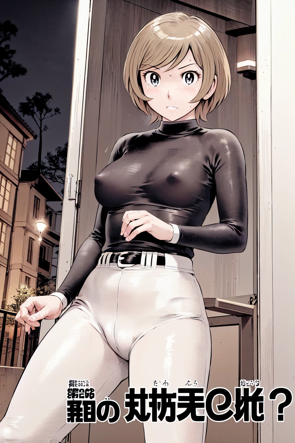 (野球uniform:1.2),
Blonde, (short hair:1.2),Long sleeve, Black Shirt, turtleneck,White trousers、uniform、Black belt、((Illustration of a person))、big 、
View your viewers,, (Highest quality:1.3),One Girl, White pants、uniform、Outdoor、baseball ground、ground、soil、blue eyes、Tight black shirt、(masterpiece、Highest quality)、Highest quality, Ultra-high resolution, (((masterpiece))), alone, Sweat、big eyes、big Breasts、Torn clothes、 fully exposed、Nipples、One Girl, Front view、Embarrassed face、Bronze colored hair、((short hair))、Stand up straight、Cowboy Shot
