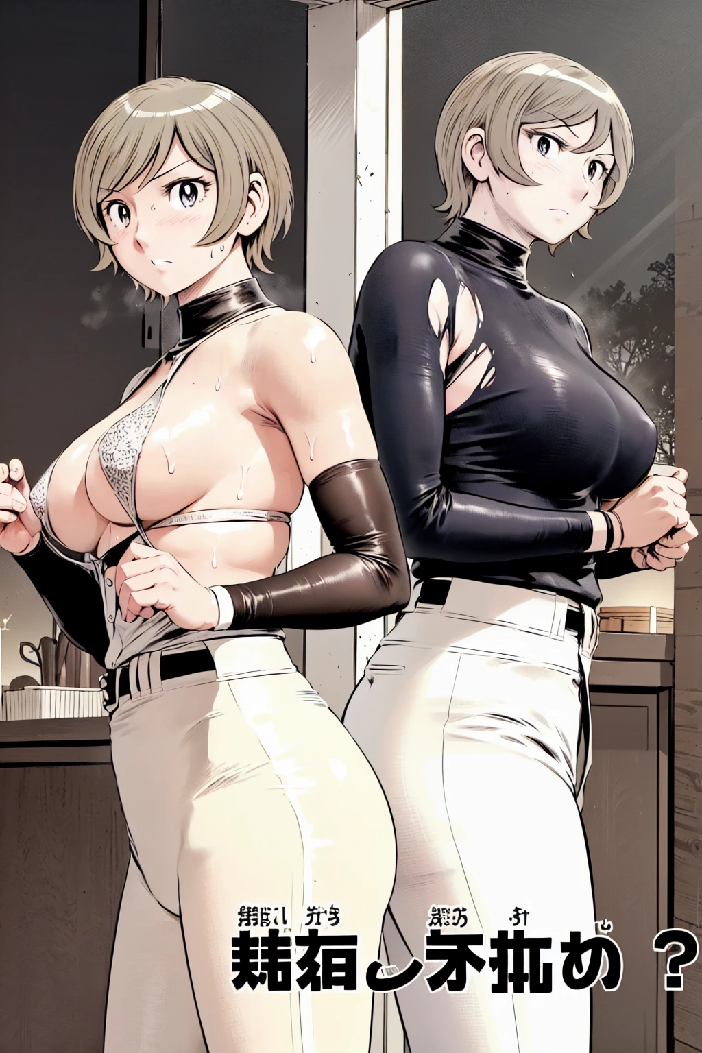 (野球uniform:1.2),
Blonde, (short hair:1.2),Long sleeve, Black Shirt, turtleneck,White trousers、uniform、Black belt、((Illustration of a person))、big 、
View your viewers,, (Highest quality:1.3),One Girl, White pants、uniform、Outdoor、baseball ground、ground、soil、blue eyes、Tight black shirt、(masterpiece、Highest quality)、Highest quality, Ultra-high resolution, (((masterpiece))), alone, Sweat、big eyes、big Breasts、Torn clothes、 fully exposed、Nipples、One Girl, Front view、Embarrassed face、Bronze colored hair、((short hair))、Stand up straight、Cowboy Shot