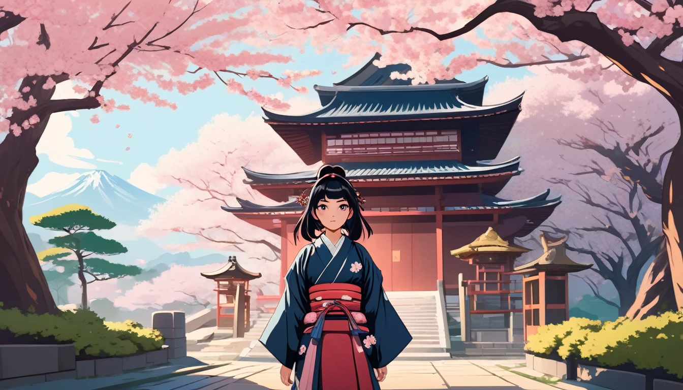 Female samurai,Background is cherry blossoms and a Japanese temple、 Wide-angle lens, Lofi Anime, Lofi illustration, Aesthetic atmosphere, Lo-Fi Style, Vector art, Flat Design, Simple shape, Warm tones, Pleasant atmosphere, Chill, In anime style, Digital drawing, Vector art, Vector logo for t-shirt printing, (Adorable:1.5), (small:1.4), (Playful:1.2), (soft:1.3), (Whimsical:1.1), masterpiece, Highest quality, 8K, Intricate details, grow, Celestial, Mysterious, Picturesque, amazing, Majestic, Magic, Fantasy art, Cover art, dream-like