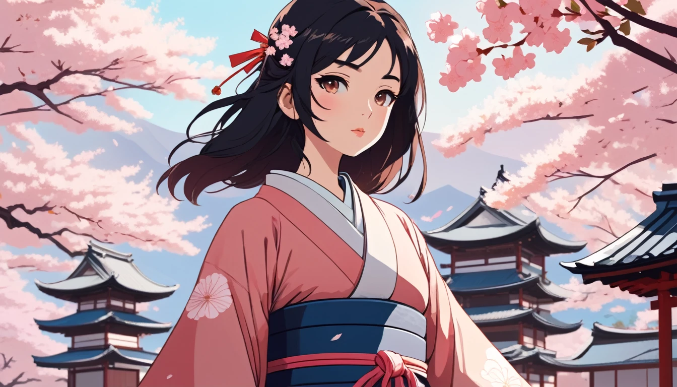 Female samurai,Background is cherry blossoms and a Japanese temple、 Wide-angle lens, Lofi Anime, Lofi illustration, Aesthetic atmosphere, Lo-Fi Style, Vector art, Flat Design, Simple shape, Warm tones, Pleasant atmosphere, Chill, In anime style, Digital drawing, Vector art, Vector logo for t-shirt printing, (Adorable:1.5), (small:1.4), (Playful:1.2), (soft:1.3), (Whimsical:1.1), masterpiece, Highest quality, 8K, Intricate details, grow, Celestial, Mysterious, Picturesque, amazing, Majestic, Magic, Fantasy art, Cover art, dream-like
