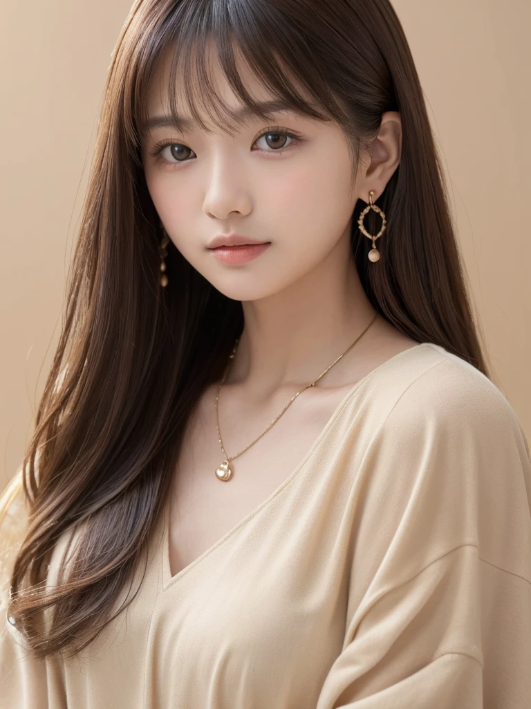  ((Highest quality, 8K, masterpiece:1.3)), concentrated: 1.2, Perfect Body Beauty: 1.4, Hip: 1.2, ((Long Hair, chest: 1.2)), (Dry clothes: 1.1) , (clear, Simple Background:1.3), Simple clothes: 1.1, Highly detailed face and skin texture,Delicate eyes, double eyelid, White skin, Rough skin、Long Hair、Bangs with earrings、necklace、 alone、Beige coat、White shirt,  (((Cute Japanese Girl)))、  ((Beautiful Japanese woman 20 years old))、 ((Baby Face))、 (((Slender body)))、  Upper Body，Face Focus、necklace，Simple Background，From above， Realistic Hair、 The photo was taken:Canon EOS R6、135mm、1/1250 seconds、F2.8、ISO400、(Detailed description of the hand)、(Masseter region)、(Exquisite CGI)、Long Hair, loose and curly hair、Korean Hair、Long Hair明るいベージュ色、グラデーションハイライトグレージュのゆるふわLong Hairスタイル、