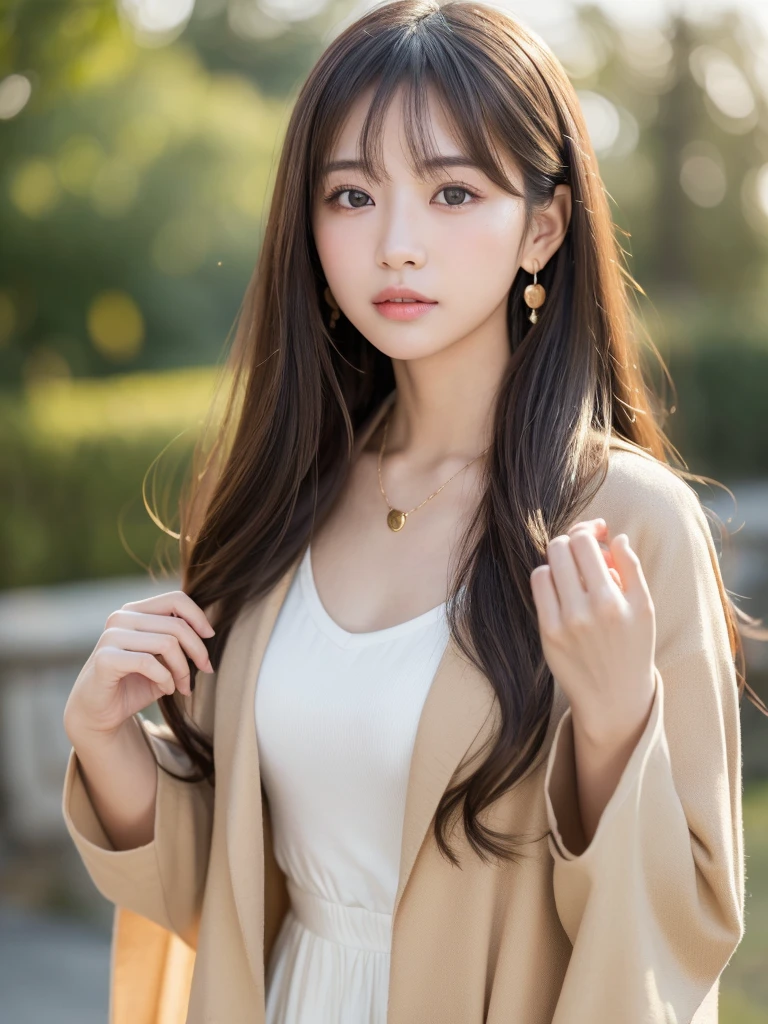 ((Highest quality, 8K, masterpiece:1.3)), concentrated: 1.2, Perfect Body Beauty: 1.4, Hip: 1.2, ((Long Hair, chest: 1.2)), (Dry clothes: 1.1) , (clear, Simple Background:1.3), Simple clothes: 1.1, Highly detailed face and skin texture,Delicate eyes, double eyelid, White skin, Rough skin、Long Hair、Bangs with earrings、necklace、 alone、Beige coat、White shirt, (((Cute Japanese Girl)))、 ((Beautiful Japanese woman 20 years old))、 ((Baby Face))、 (((Slender body)))、 Upper Body,Face Focus、necklace,Simple Background,From above, Realistic Hair、 The photo was taken:Canon EOS R6、135mm、1/1250 seconds、F2.8、ISO400、(Detailed description of the hand)、(Masseter region)、(Exquisite CGI)、Long Hair, loose and curly hair、Korean Hair、Long Hair明るいベージュ色、グラデーションハイライトグレージュのゆるふわLong Hairスタイル、