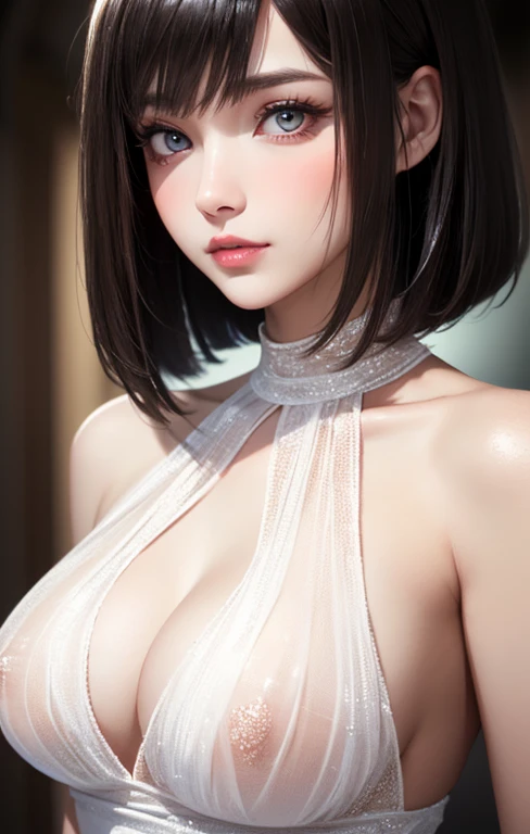 (UHD, Retina, masterpiece, precise, Anatomically correct, Textured Skin, Super Detail, High Detail, high quality, best quality, high resolution, 1080P, HD, 4K, 8K, 16K), (Beautiful and delicate eyes, Beautiful and delicate lips, Extremely detailed eyes and face), Studio Lighting, Physically Based Rendering, Bright colors, (Large Breasts, Attractive figure, big nipples), (backless see-through dress), (portrait, Bob Cut, Shiny hair, Glowing skin, blush), (Bokeh), Eye Reflection,