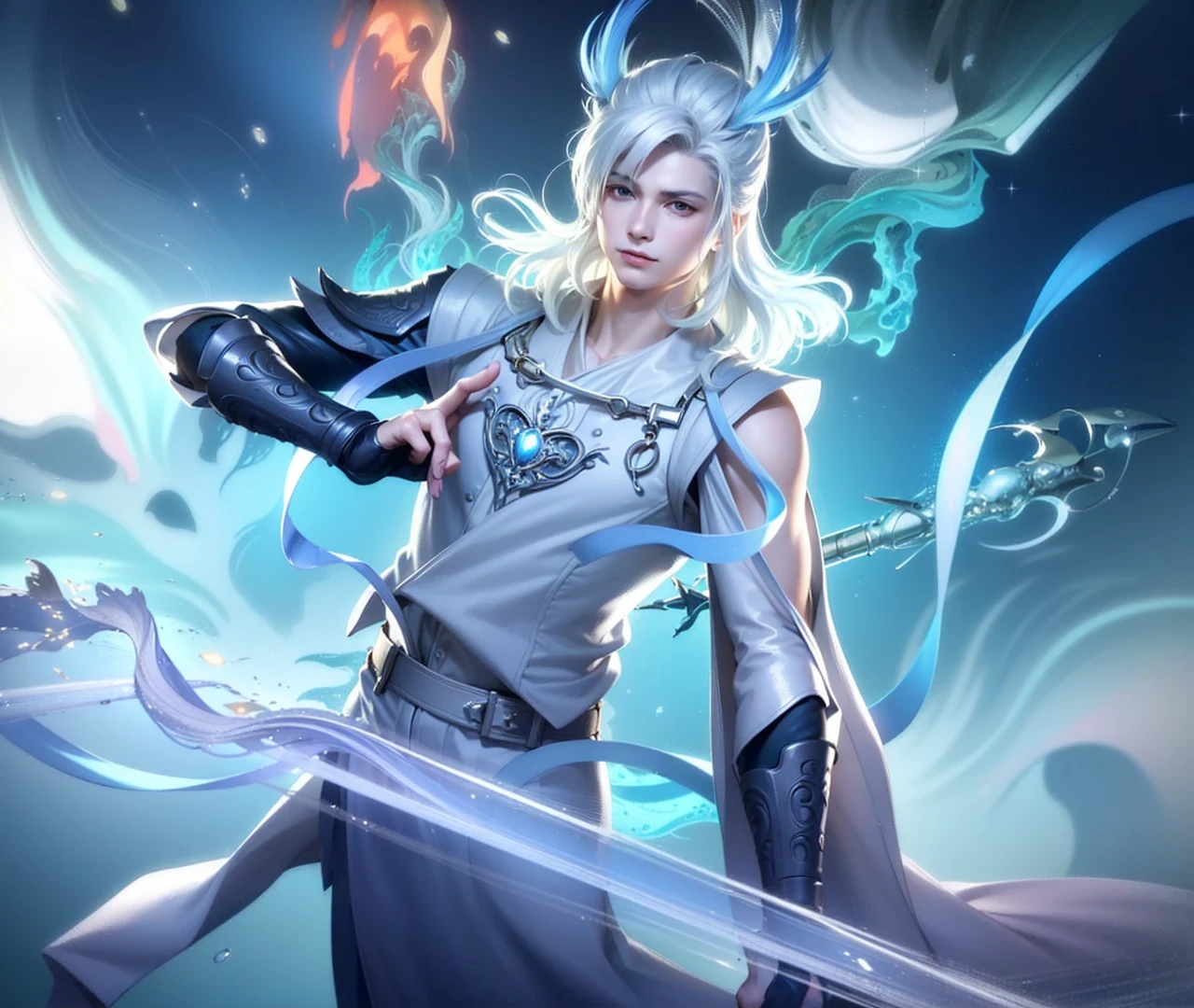 masculine male, masterpiece, ((perfect eyes)) best quality, (semirealism:1.9), beautiful lighting, (extremely detailed CG unity 4k fhd wallpaper), High Detail, Sharp focus, dramatic outdoors, 1 boy ,19 years old, white hair, light purpel eyes, smile.