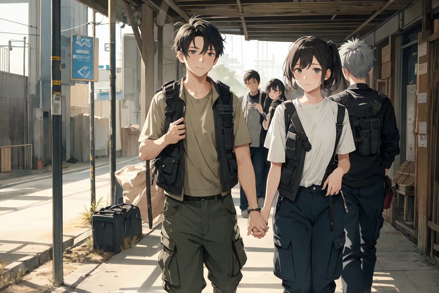 2others, 1girl, 1man, (1girl, 14yo, girl with short gray hair, gray eyes, wearing dirty grey torn dress), BREAK (1man, 40yo, military vest and cargo pants), holding hands, (size difference:1.5), tumblr, sosaku hanga, doujin, ddlc, zerochan, top quality, best quality, highres, unparalleled masterpiece, perfect artwork, paid reward available, indoor