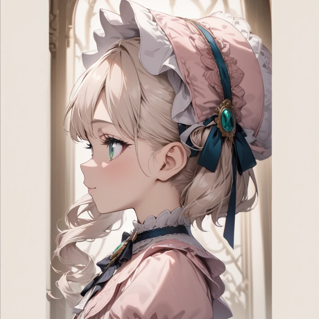 Platinum Blonde hair,curls,((emerald green eyes)),long eyelashes,((light pink victorian dress)),puffy short sleeves,pink frilled dress,((wide brimmed Bonnet with bows)),bustshot,masterpiece,highress,soft smile,bishoujo,peterpan collar,profile,white accents,white trim,white frills,((long curly side ponytail)),solo,facing left,((short hair))