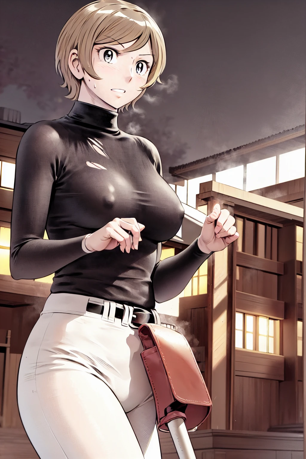 (野球uniform:1.2),
Blonde, (short hair:1.2),Long sleeve, Black Shirt, turtleneck,White trousers、uniform、Black belt、((Illustration of a person))、big 、
View your viewers,, (Highest quality:1.3),One Girl, White pants、uniform、Outdoor、baseball ground、ground、soil、blue eyes、Tight black shirt、(masterpiece、Highest quality)、Highest quality, Ultra-high resolution, (((masterpiece))), alone, Sweat、big eyes、big Breasts、Torn clothes、 fully exposed、Nipples、One Girl, Front view、Embarrassed face、Bronze colored hair、((short hair))、Stand up straight、Cowboy Shot