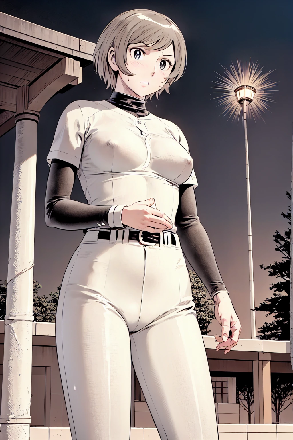 (野球uniform:1.2),
Blonde, (short hair:1.2),Long sleeve, Black Shirt, turtleneck,White trousers、uniform、Black belt、((Illustration of a person))、big 、
View your viewers,, (Highest quality:1.3),One Girl, White pants、uniform、Outdoor、baseball ground、ground、soil、blue eyes、Tight black shirt、(masterpiece、Highest quality)、Highest quality, Ultra-high resolution, (((masterpiece))), alone, Sweat、big eyes、big Breasts、Torn clothes、 fully exposed、Nipples、One Girl, Front view、Embarrassed face、Bronze colored hair、((short hair))、Stand up straight、Cowboy Shot
