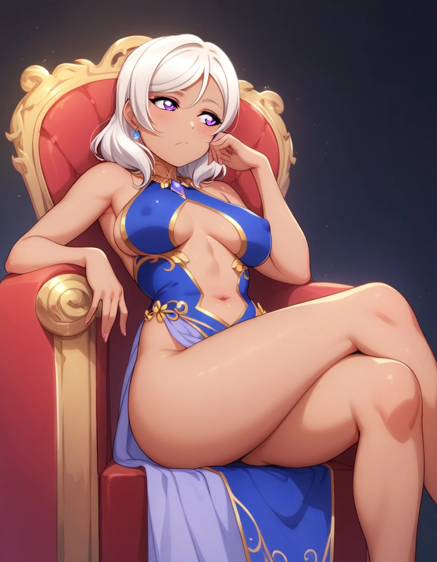 Maki nishikino,love live, highres, shiny white hair , purple eyes,blush , closed mouth, sitting on throne, crossed legs, elbow support, bare shoulders dress, vertical cutout,navel, breasts apart, slightly dark skin,thighs , looking away, bored, facing viewer , (sagging breasts:0.7)