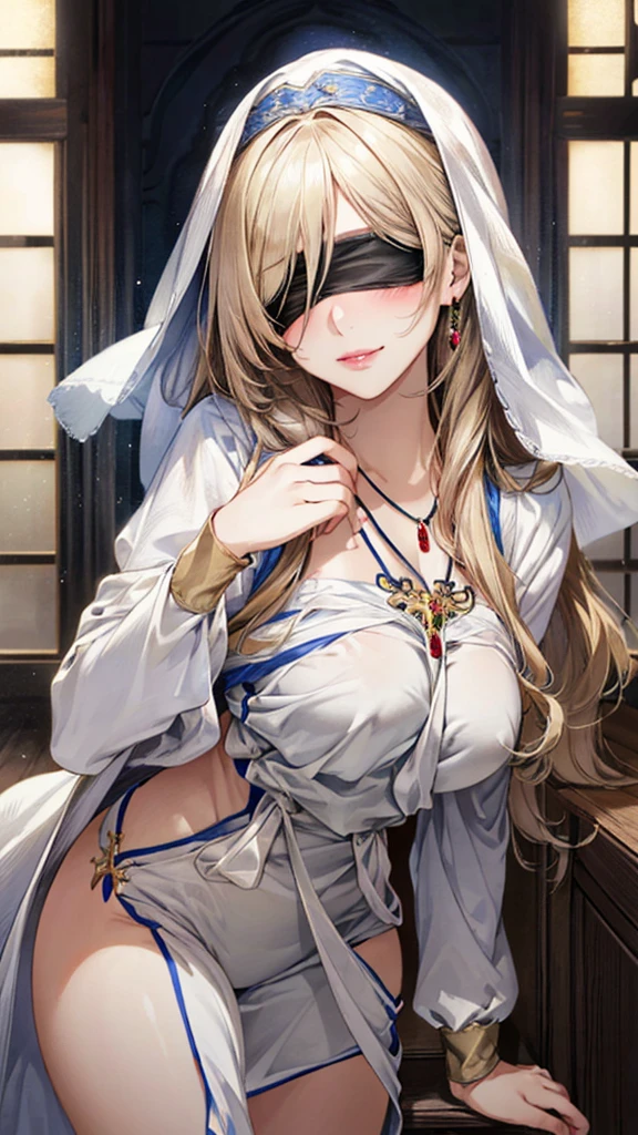 (masterpiece:1.3, Highest quality, Ultra-high resolution, Super detailed), (Realistic, photoRealistic:1.4), Beautiful illustrations, Shine光, Shine, colorful, Depth of written boundary,
Beautiful detailed hair, Beautifully detailed face, Beautiful attention to detail, Beautiful clavicle, Beautiful body, Beautiful breasts, Beautiful thighs, Beautiful feet, Beautiful fingers,
View your viewers, 1 Girl, Japanese, sword_Otome, (Perfect Anatomy, Anatomically correct, Highly detailed skin), Cute and symmetrical face, Baby Face, Shiny skin,
(Long Hair, Straight hair, Blonde), blue eyes, Glowing Eyes, Long eyelashes, (Large Breasts:1.2, Big Ass, Captivating thighs), Perfect Face, Perfect Eyes, Perfect Fingers, Sexy Body,
(Blindfold, dress, white dress, habit, jewelry, black Blindfold, necklace, Removable sleeves), mascara, (Fashion Makeup), Cleavage,
(Highly detailed background, Complex background), Daytime, (guild, guild room, Quest Board, window, Road View, Medieval), , (Cute smile, Part your lips),