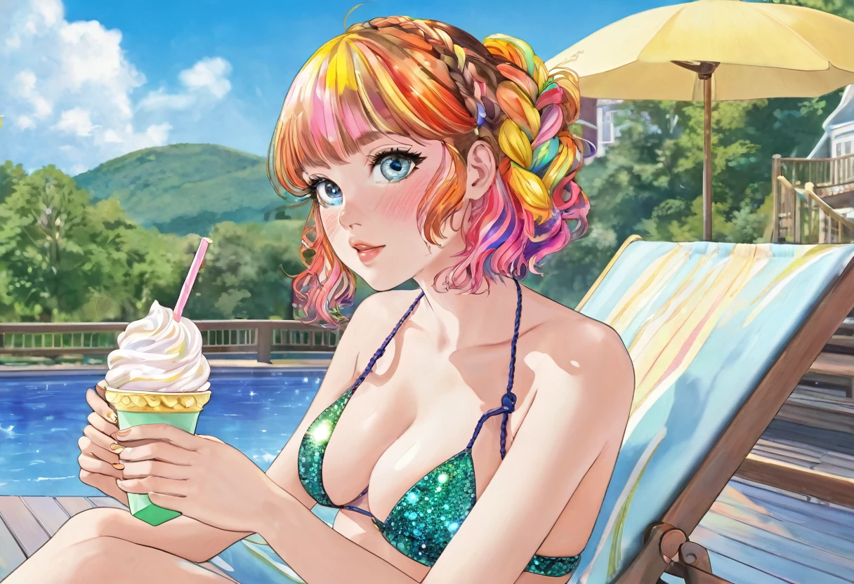 BREAK Perfect Anatomy、(High resolution:1.2)、Incredible illustrations、(Cute illustrations:1.2)、 （Beautiful background（Poolside))
 1girl((multicolored hair,crossed bangs,sideburns,french braid)(heterochromia,pupils sparkling)(eyeliner,faint lips)(tongue out),curly
,tan:1.8) 
1girl((a girl, 1.5meters, 35kg,18 years old female, 
((micro bikini, sun visor, sandals, pareo),
(Drinking soft serve ice cream float melon soda on a deck chair)
