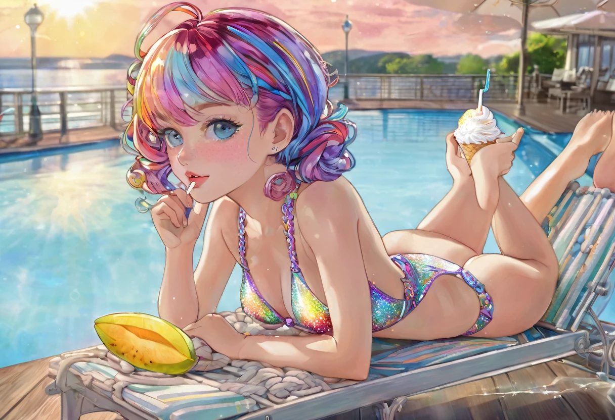 BREAK Perfect Anatomy、(High resolution:1.2)、Incredible illustrations、(Cute illustrations:1.2)、 (Beautiful background(Poolside))
1girl((multicolored hair,crossed bangs,sideburns,french braid)(heterochromia,pupils sparkling)(eyeliner,faint lips)(tongue out),curly
,tan:1.8)
1girl((a girl, 1.5meters, 35kg,18 years old female,
((micro bikini, sun visor, sandals, pareo),
(Drinking soft serve ice cream float melon soda on a deck chair)