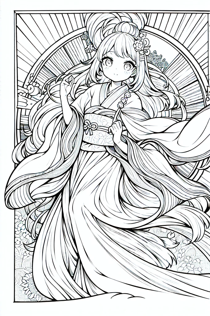 As a coloring book, the color should be black and white, the border should be simple, clear, and bold. A graceful Asian girl with elegant movements is performing a traditional Japanese dance in a grand [Kabuki theater]. She is wearing an exquisite [kimono with crane pattern], the flowing silk fabric accentuating her graceful movements. The girl's face is painted with delicate makeup, and her hair is adorned with an elaborate [hair ornament]. The intricate details of the kimono and the theater setting provide a rich visual tapestry for the coloring book illustration.