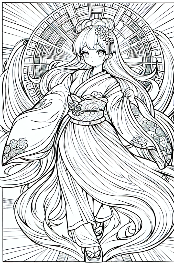 As a coloring book, the color should be black and white, the border should be simple, clear, and bold. A graceful Asian girl with elegant movements is performing a traditional Japanese dance in a grand [Kabuki theater]. She is wearing an exquisite [kimono with crane pattern], the flowing silk fabric accentuating her graceful movements. The girl's face is painted with delicate makeup, and her hair is adorned with an elaborate [hair ornament]. The intricate details of the kimono and the theater setting provide a rich visual tapestry for the coloring book illustration.