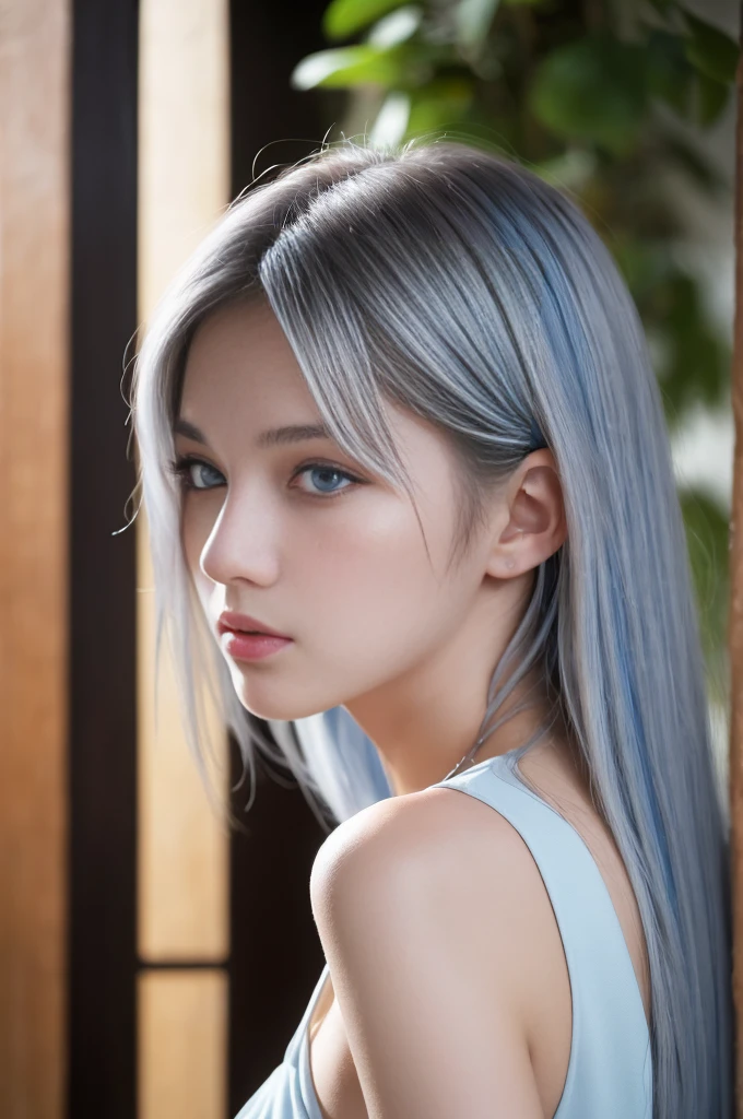ulzzang-6500-v1.1,(RAW Photos:1.2), (Photorealistic), (Genuine:1.4), ((masterpiece)),(Very realistic, High resolution, Detailed face, Beautiful Eyes), ((Glowing silver hair))、((blue eyes))、Pure beautiful girl、Are standing、Shot from the side、(White see-through dress), The silhouette of the body is visible in the backlight、