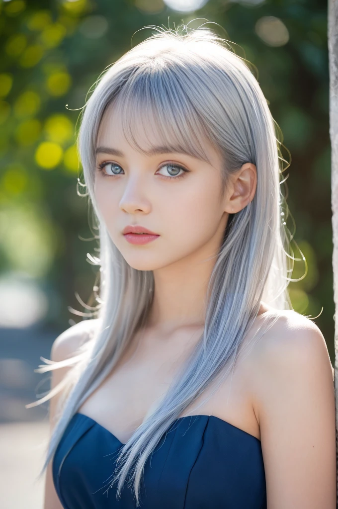 ulzzang-6500-v1.1,(RAW Photos:1.2), (Photorealistic), (Genuine:1.4), ((masterpiece)),(Very realistic, High resolution, Detailed face, Beautiful Eyes), ((Glowing silver hair))、((blue eyes))、Pure beautiful girl、Are standing、Shot from the side、(White see-through dress), The silhouette of the body is visible in the backlight、