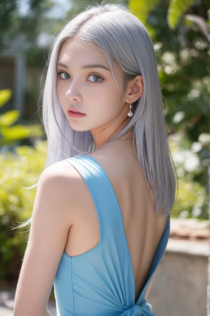 ulzzang-6500-v1.1,(RAW Photos:1.2), (Photorealistic), (Genuine:1.4), ((masterpiece)),(Very realistic, High resolution, Detailed face, Beautiful Eyes), ((Glowing silver hair))、((blue eyes))、Pure beautiful girl、Are standing、Shot from the side、(White see-through dress), The silhouette of the body is visible in the backlight、