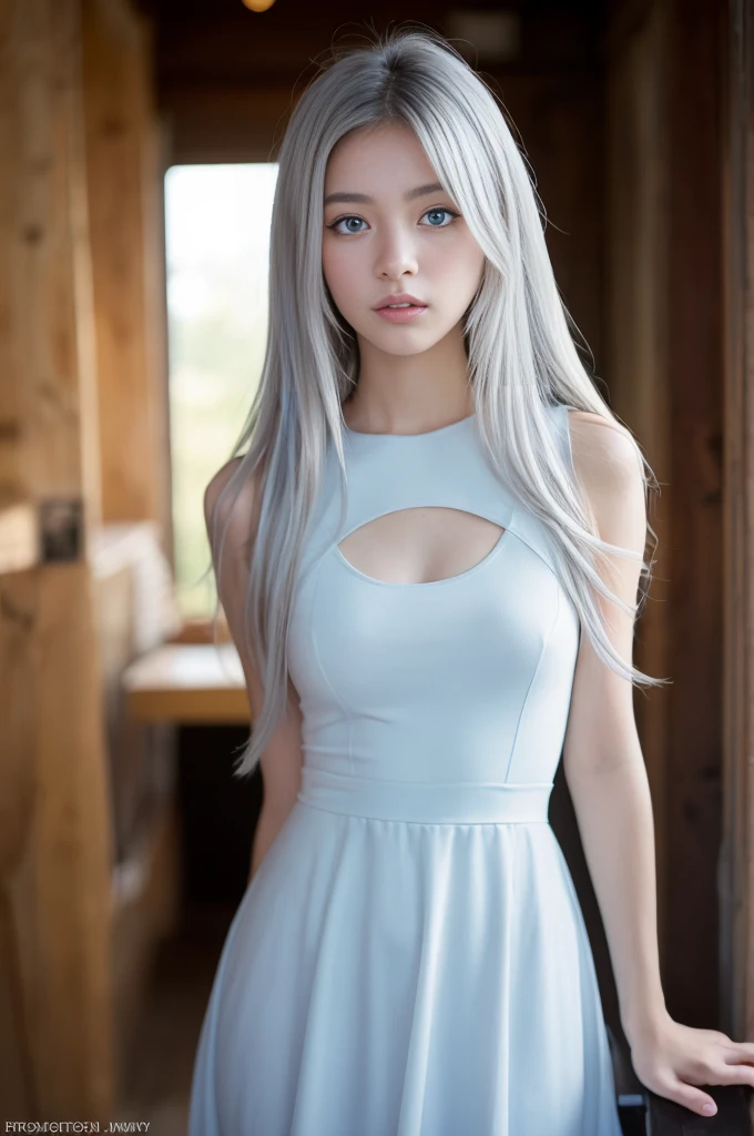 ulzzang-6500-v1.1,(RAW Photos:1.2), (Photorealistic), (Genuine:1.4), ((masterpiece)),(Very realistic, High resolution, Detailed face, Beautiful Eyes), ((Glowing silver hair))、((blue eyes))、Pure beautiful girl、Are standing、Shot from the side、(White see-through dress),　The silhouette of the body is visible in the backlight、