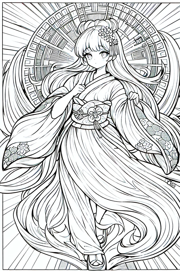 As a coloring book, the color should be black and white, the border should be simple, clear, and bold. A graceful Asian girl with elegant movements is performing a traditional Japanese dance in a grand [Kabuki theater]. She is wearing an exquisite [kimono with crane pattern], the flowing silk fabric accentuating her graceful movements. The girl's face is painted with delicate makeup, and her hair is adorned with an elaborate [hair ornament]. The intricate details of the kimono and the theater setting provide a rich visual tapestry for the coloring book illustration.