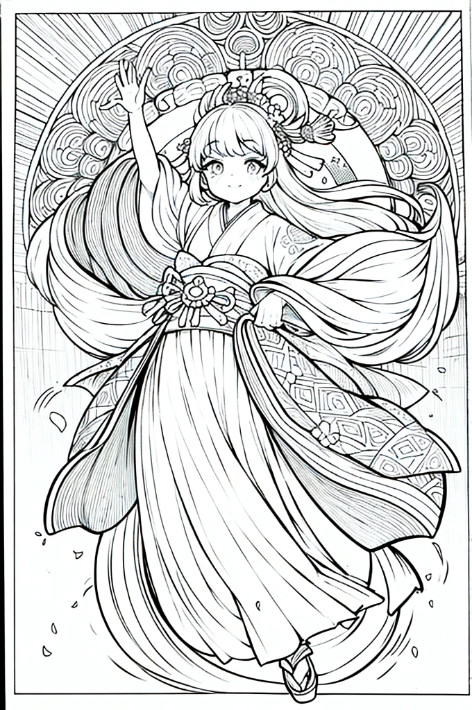 As a coloring book, the color should be black and white, the border should be simple, clear, and bold. A graceful Asian girl with elegant movements is performing a traditional Japanese dance in a grand [Kabuki theater]. She is wearing an exquisite [kimono with crane pattern], the flowing silk fabric accentuating her graceful movements. The girl's face is painted with delicate makeup, and her hair is adorned with an elaborate [hair ornament]. The intricate details of the kimono and the theater setting provide a rich visual tapestry for the coloring book illustration.